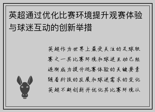 英超通过优化比赛环境提升观赛体验与球迷互动的创新举措