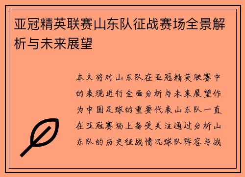 亚冠精英联赛山东队征战赛场全景解析与未来展望 亚冠精英联赛山东队征战赛场全景解析与未来展望